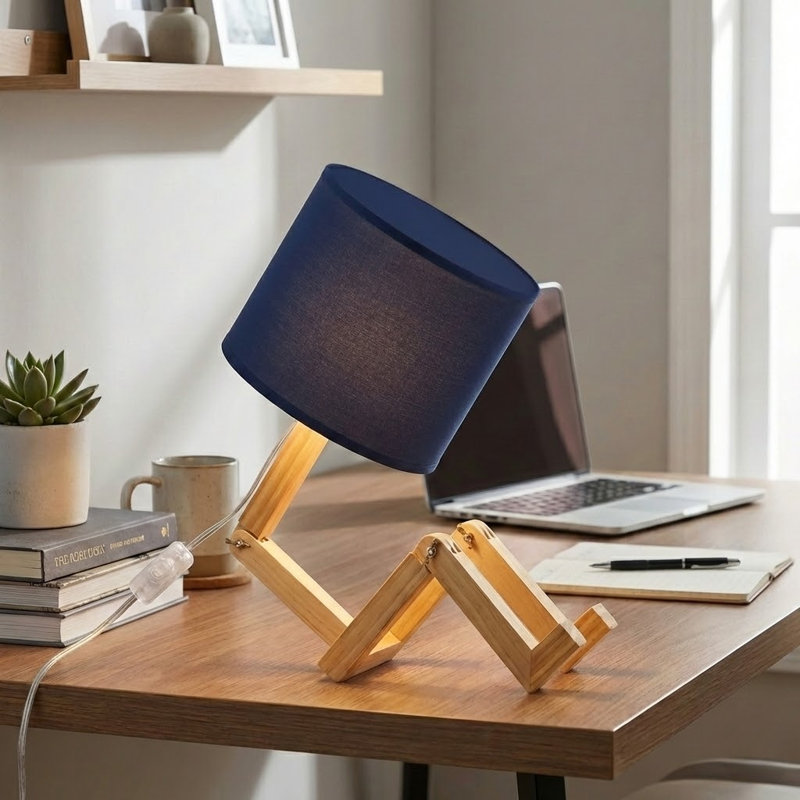 Man-shaped Adjustable Wooden Table Lamp With Fabric Shade And Book Rack – Modern Novelty Night Light, Dark Blue