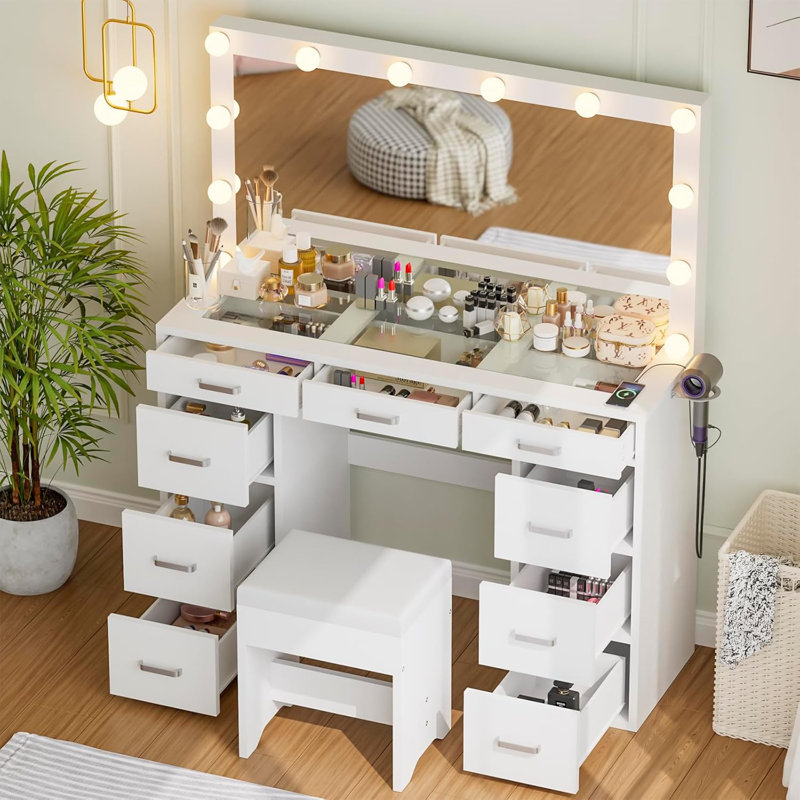 Très grande coiffeuse 47,2 "avec tabouret, lumières, prise USB et 9 tiroirs, Blanc