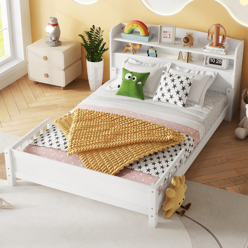 Solid Wood Platform Bed With Bookcase Headboard, Footboard, Adjustable Guardrails, Led Sensor Light, Blanc, Lit double