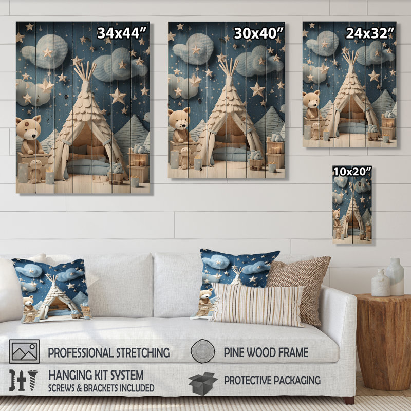 Child Nursery Starry Night I - Animal Nursery's On Wood Print, H 20 po x l 10 po