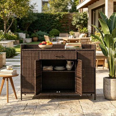 53.2" Wide Wicker/Rattan Outdoor Storage Cabinet & Patio Bar Table with Tempered Glass Top and Drawer
