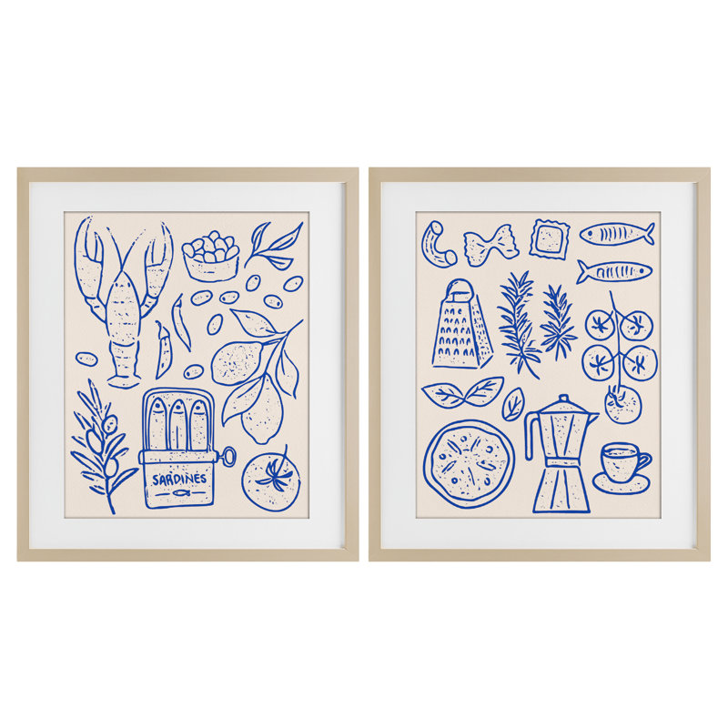 Ensemble de 2 reproductions encadrées sous-verre de cuisine méditerranéenne, par Camila Juncos, Cadre de récolte en pin