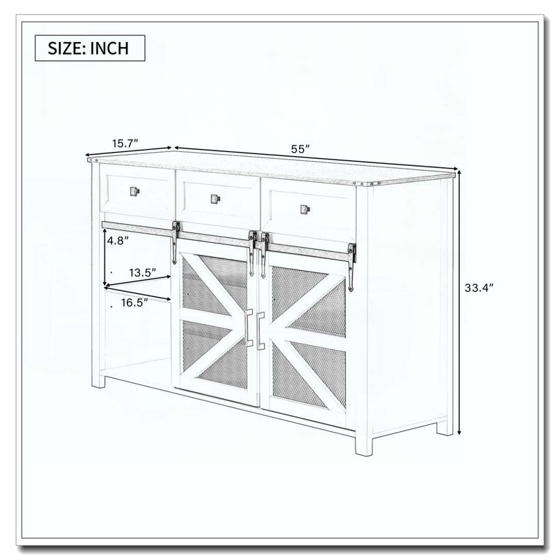 Sliding Barn Door Sideboard With 3 Drawers, Particle Board & Mesh Storage Cabinet With Aluminum Handles & For Living Room, Dining Room
