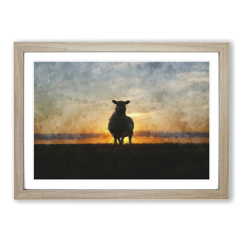 Sunset and Sheep - Picture Frame Painting, 48cm H x 65cm W x 2cm D, Oak Framed
