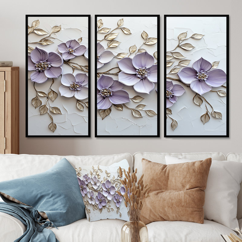 Mauve lilas Melody II - ensemble d'art mural lilas, H 28 po x l 36 po x P 1 po, Toile avec cadre flottant noir
