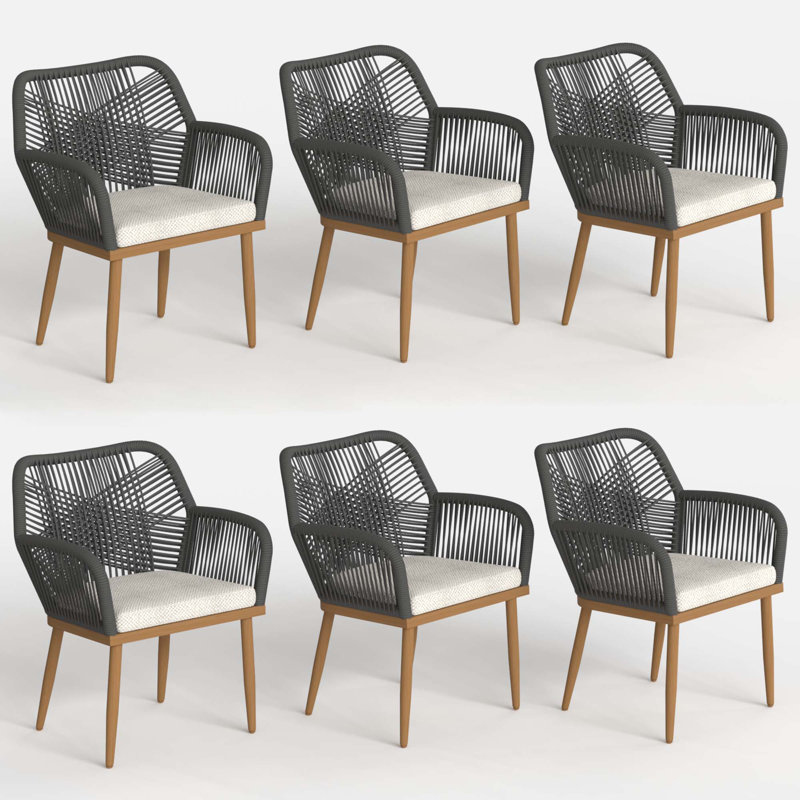 Patio Dining Armchair with Cushion, Beige, 6, Brown Wood