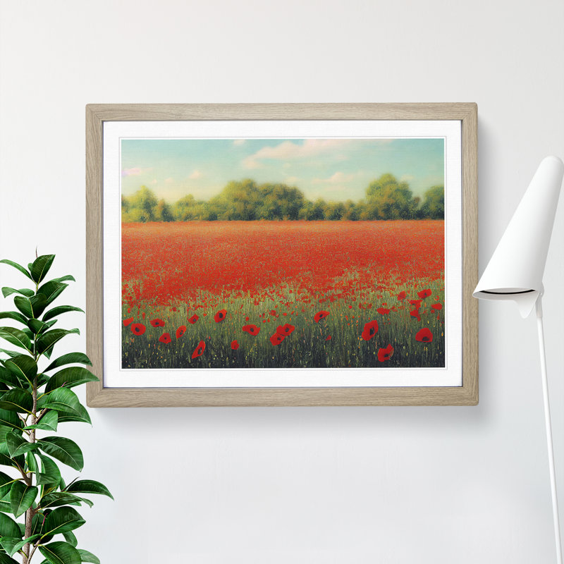 A Lush Poppy Field Flowers - Single Picture Frame Print, 46cm H x 64cm W x 2cm D, Oak
