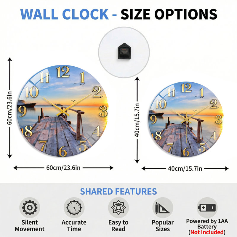 Horloge murale décorative en verre Sunset Dock, 60 x 60 cm (23,6 x 23,6 pouces)
