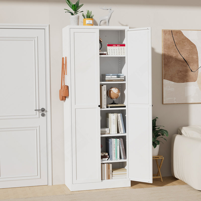 Armoire de cuisine 72 po en métal blanc avec portes, organisateur de rangement autoportant robuste avec 5 tablettes réglables, assemblage sans outil pour le garde-manger, cuisine, salle de bain