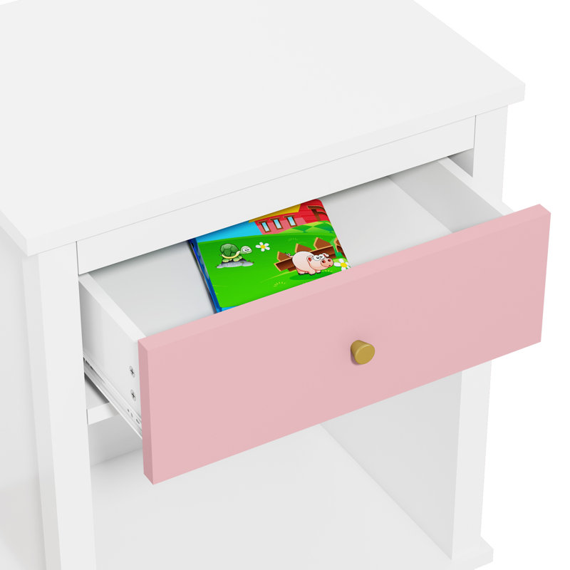 1 Drawer Nightstand, White/Pink