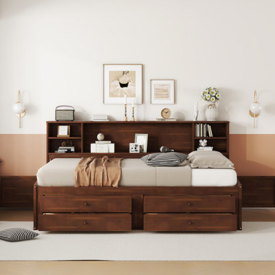 Antique Brown Full Size Wooden Bed With 4 Drawers, 2 Cabinets And Integrated Storage Shelf Built-In Storage, In Hue
