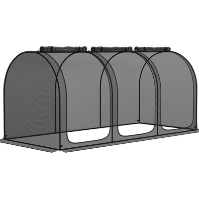 Cage de protection des récoltes de 9 pi x 4 pi en noir, trois entrées avec fermeture à glissière, sac de rangement et 6 piquets de sol pour le jardin, pelouse de jardin, plante noire sécurisée contre le vent avec sorties en filet, pratique pour la pelouse