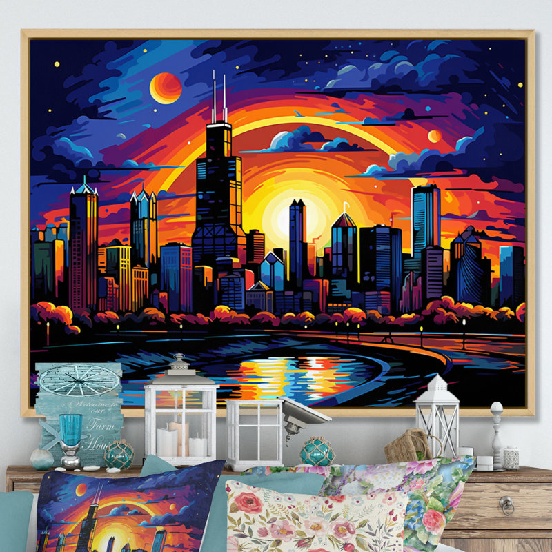 Chicago Popart I sur impression sur toile, Cadre naturel flottant, H 34 po x l 44 po x P 1,5 po