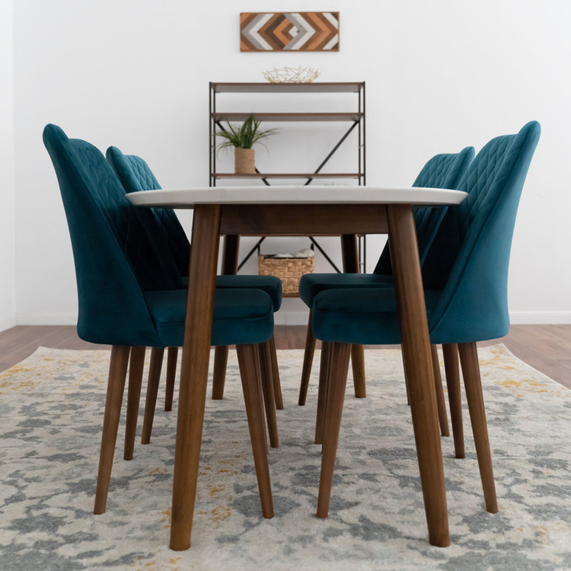 Gimpel 5 - Person Solid Wood Oval Dining Set with Velvet Upholstered Chairs, Teal, White