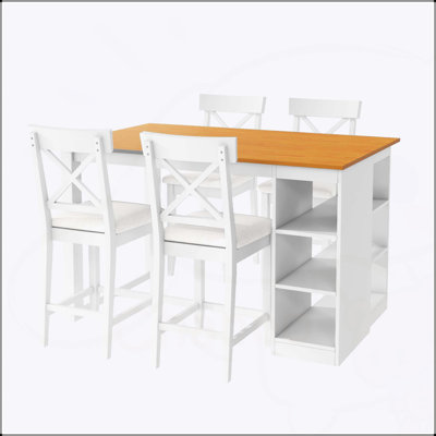 Ensemble de table de salle à manger à hauteur de comptoir en bois massif avec rangement à 3 niveaux, chaises rembourrées pour 4, finition blanche