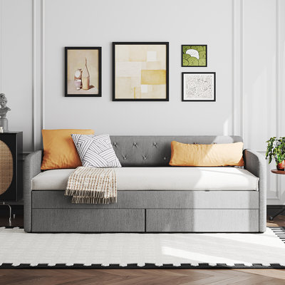 Gray Twin Daybed Chenille Upholstered Guest Bed Sofa Bed With Storage Drawers