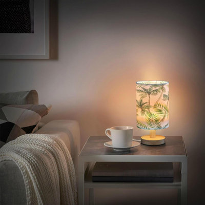 Tropical Palm Tree Bedside Table Lamp For Bedroom Nightstand, Small Eye Care LED Desk Reading Lamp USB Port Wood Base Round Flaxen Fabric Shade For For Kids Room Living Room Office Desk