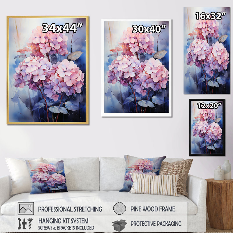 Hortensia bleu qui fleurit au clair de lune, H 32 po x l 24 po x P 1 po, Cadre naturel flottant