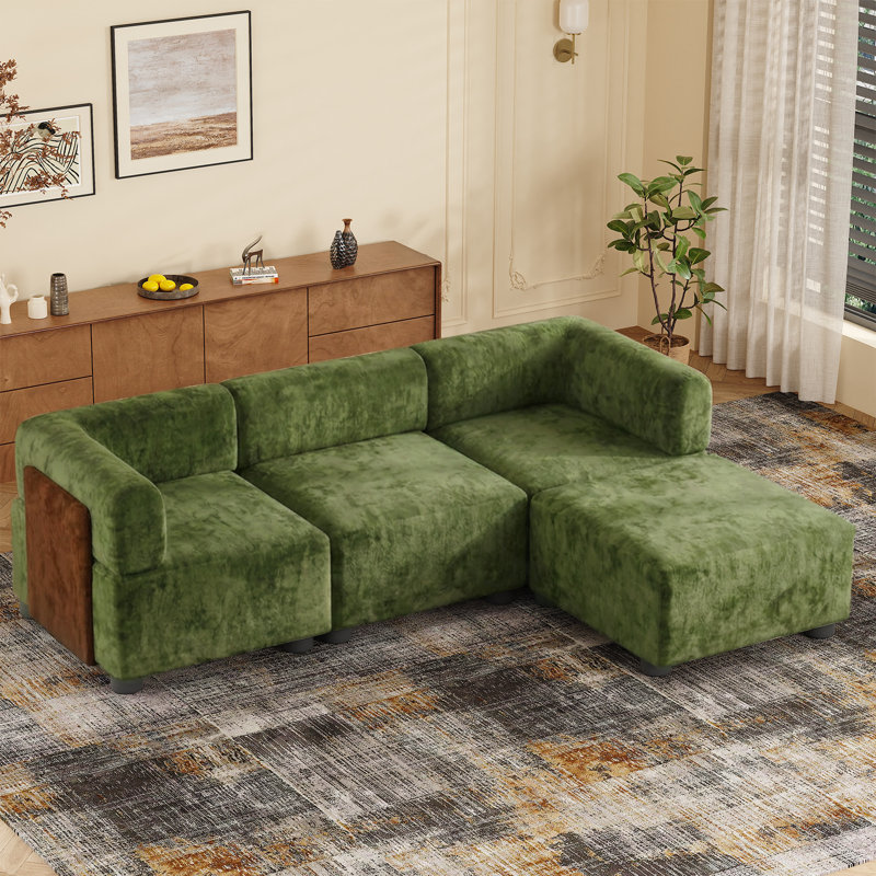 Modern Corner Sofas Oversize 256cm Chenille Sectional Sofa with Ottoman, Green