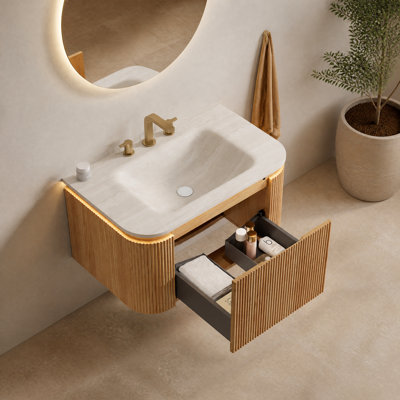 30'' Floating Bathroom Vanity with Sink, 3D Striped Woodgrain Cabinet, LED Sensor Light, Travertine Sintered Stone Integrated Basin