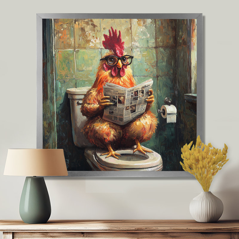 Kermina Rooster lecture du journal dans la toilette II - coq, art mural, H 36 po x l 36 po, Picture Framed Print