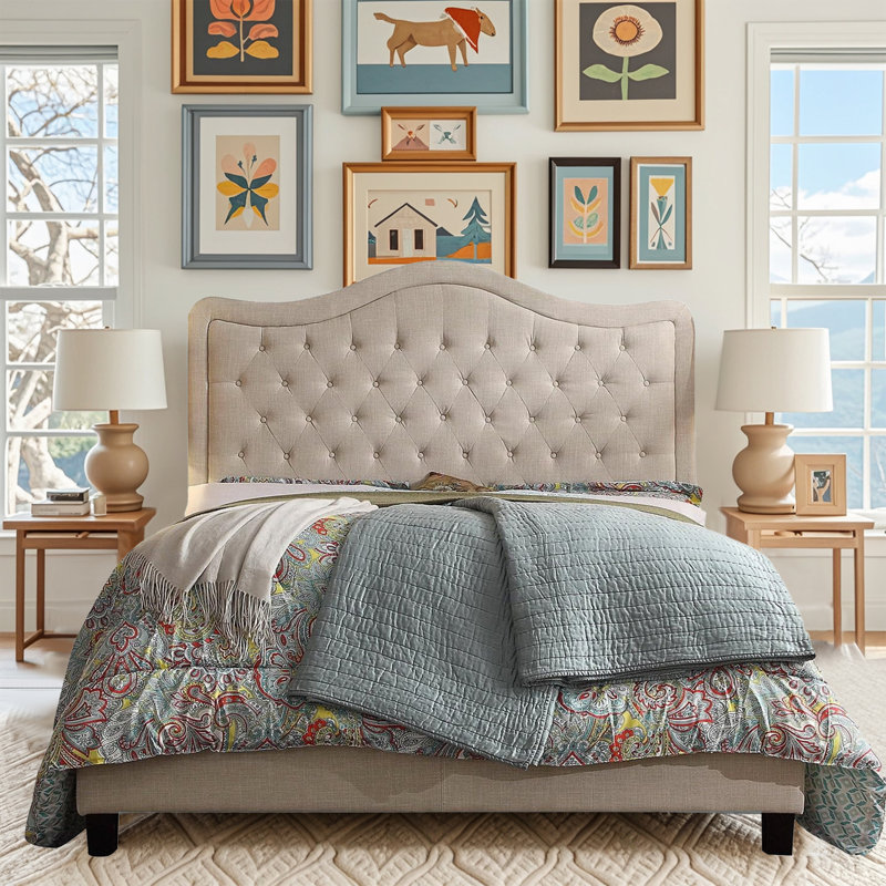 Structure de lit rembourrée en tissu avec tête de lit réglable, support à lattes de bois, lit plateforme capitonné, Beige