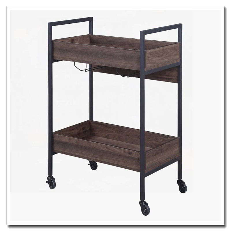 Walnut and Black Serving Cart with 2 Shelves