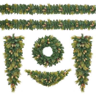 Pre-Lit White LED Lights Holiday Christmas 6-Piece Set - Tree, Garland, Wreath, Swags, Christmas Decorations Set of 6