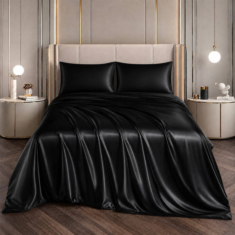 Ensemble de draps en satin de qualité supérieure (4 pièces), Très grand lit, Red