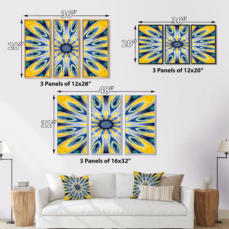 «Yellow and Blue Fractal Flower», reproduction de cadre flottant sur toile 3 pièces, H 32 po x l 48 po x P 1 po, Cadre blanc