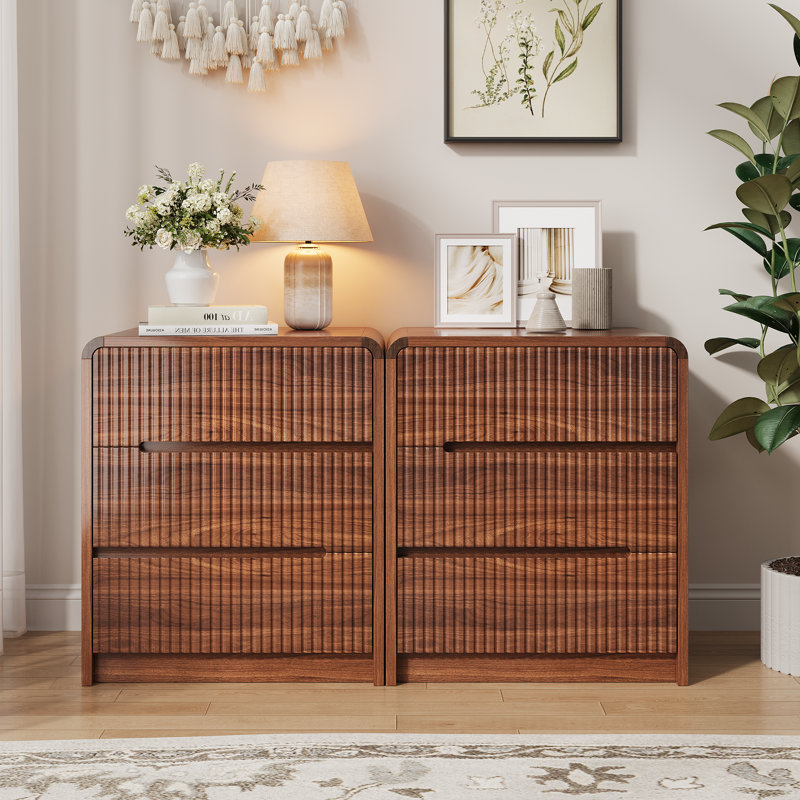 22.9" W 3 Drawer Mid-Century Modern, Wooden Dresser with Curved Profile and Fluted Design, Walnut