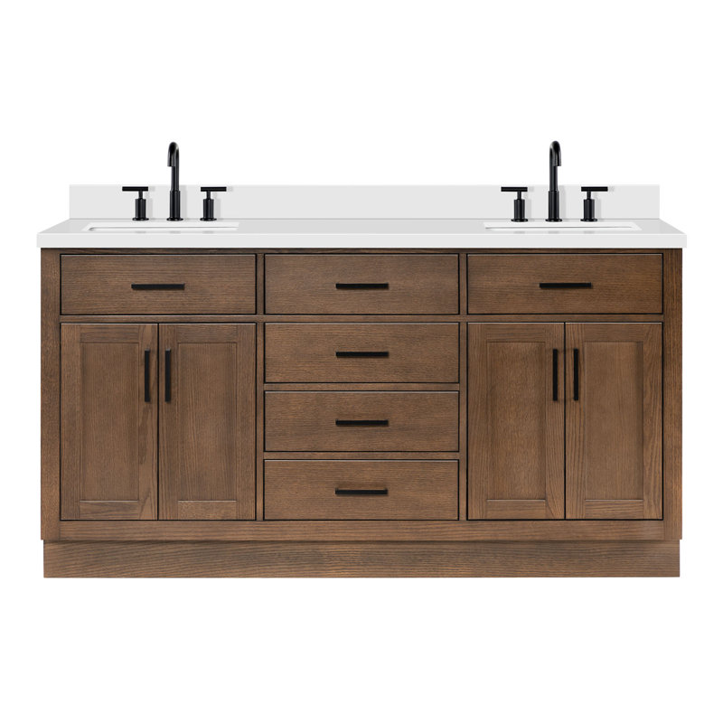 Thornaby 66'' Solid Wood Double Bathroom Vanity with 1.5'' White Quartz Top, Oval Sinks, Rectangular, Brown Oak / Matte Black