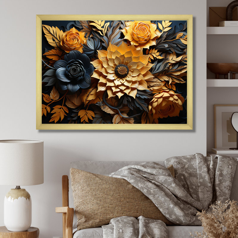 Fleur jaune contrastant beauté - impression, Cadre doré simple, H 34 po x l 44 po x P 1,5 po