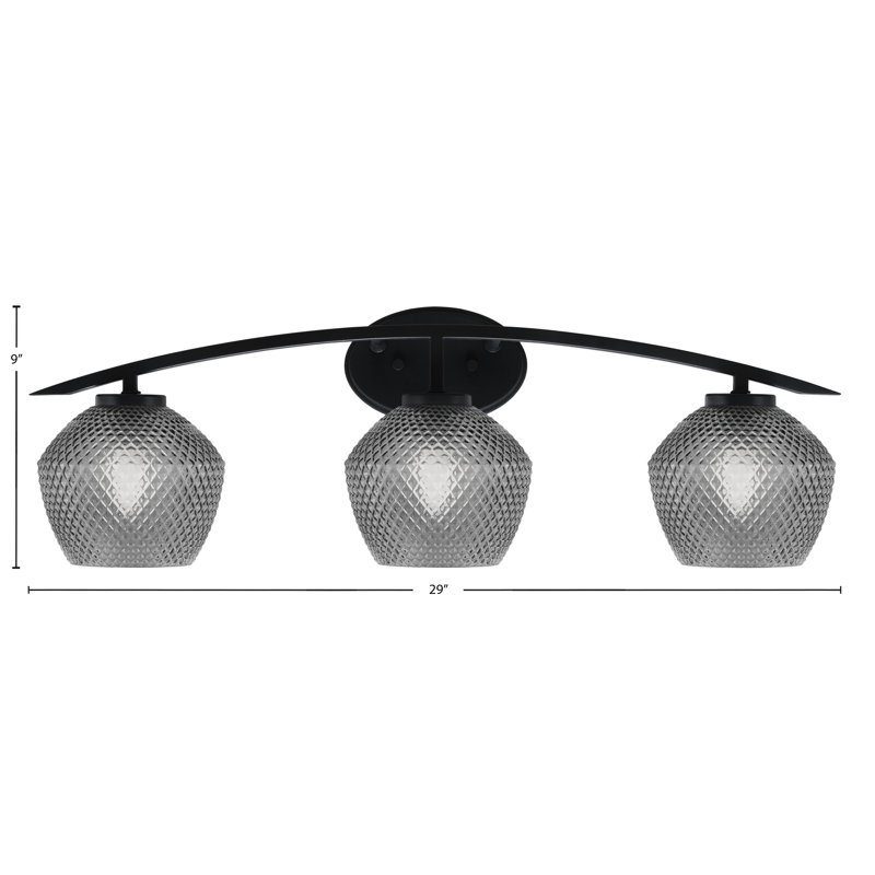 Barre d'éclairage de salle de bain 3 lumières avec verre texturé 6 po Kurve, Fumée, Noir mat