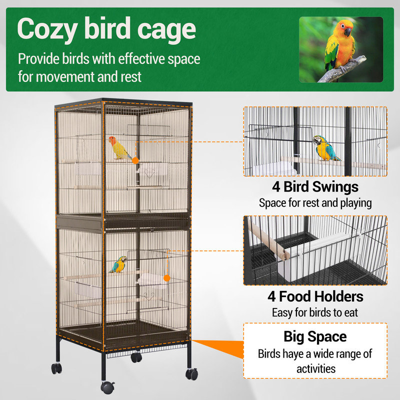 55" Large Parrot Bird Cage with Wooden Perches, Double Stackable Metal Cage with Pull Out Tray Standing Birdcage Bird Aviary Indoor with Multi Door Design for a Canary Finch