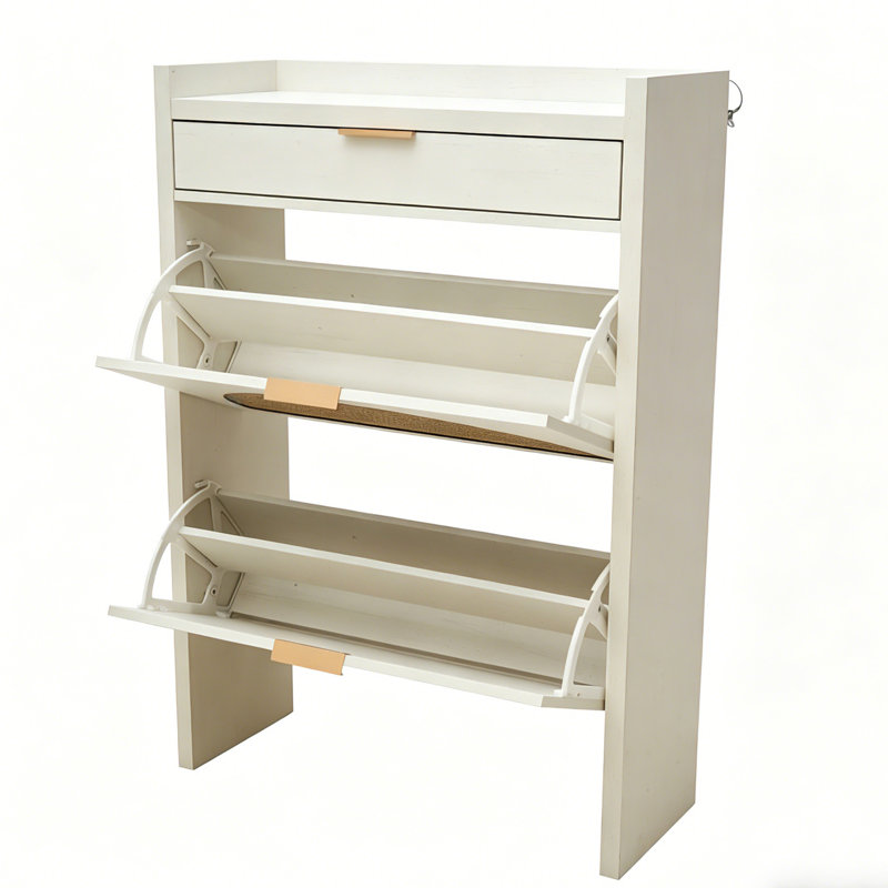 Armoire de rangement pour chaussures en rotin avec 2 tiroirs rabattables, Blanc