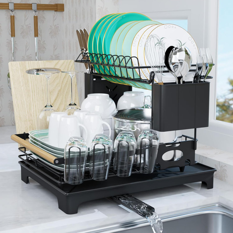 2-Tier Rustproof Dish Drying Rack With Utensil Holder And Drainboard For Kitchen Countertop