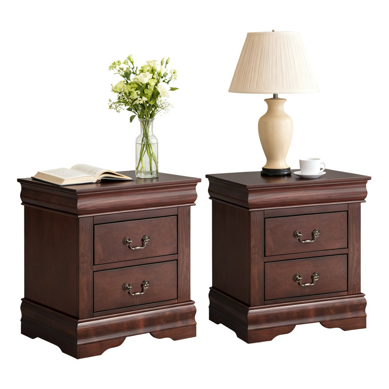 Nightstand Set Of 2, Solid Wood Nightstands With 2-Drawer, No Assembly Required, Dark Cherry