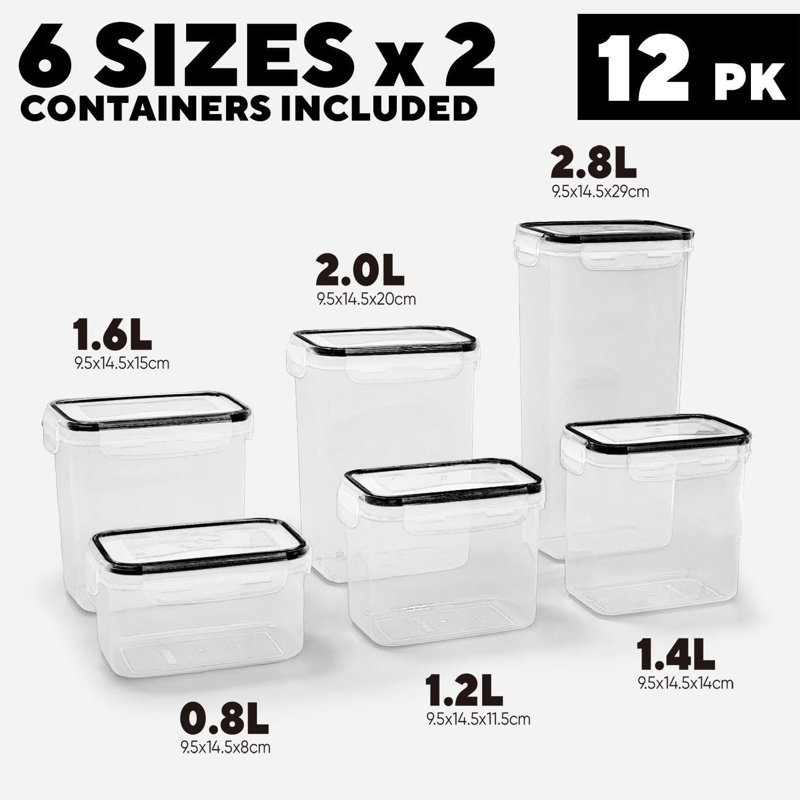 12-Piece Food Storage Container Set – 19.6L Airtight Pantry Jars With Leak-Proof Lids In 6 Sizes For Flour, Sugar, Rice, Cereal, Snacks + 20 Chalkboard Labels & Marker