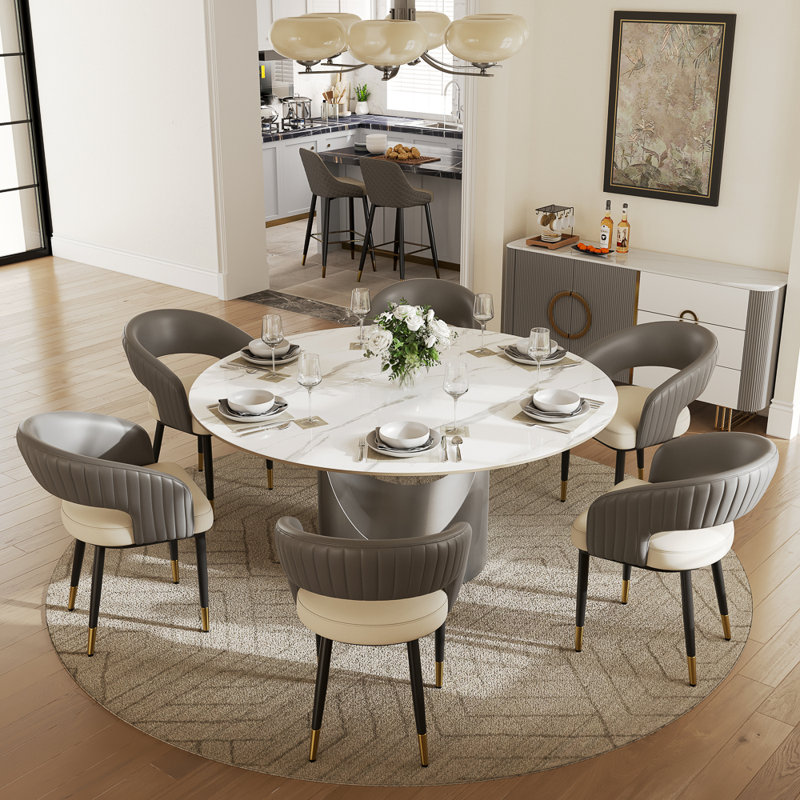 Modern Upholstered Dining Chairs Set of 2, Barrel Chairs with Open Back, Faux Leather Dining Chairs, Gray & Beige