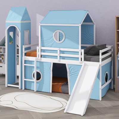 Twin Loft Bed Adorned With Slide, Tent, And Tower