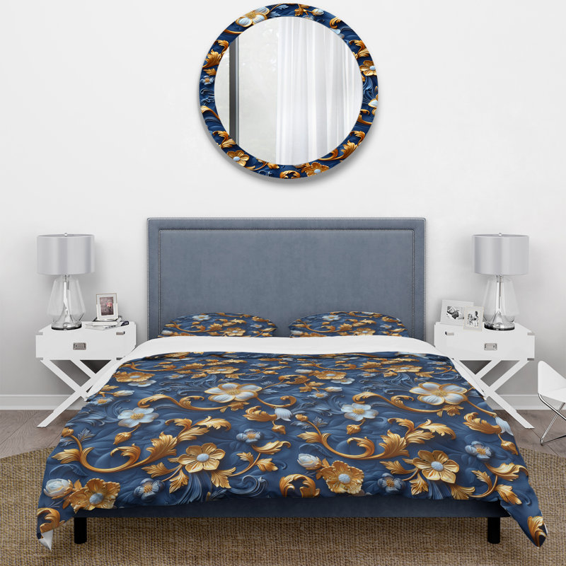 Ensemble de housse de couette doré bleu Midcentury Flowers Glam - Midcentury Flowers