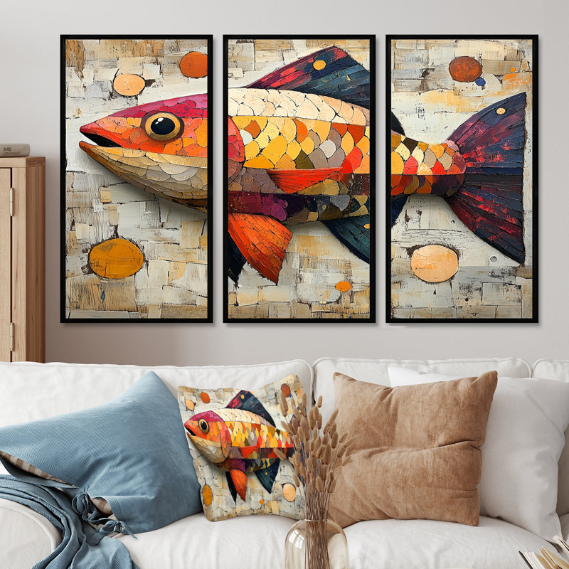 Red And Orange Arctic Char I - Fish Animal Wall Art Set, 40" H x 60" W x 1" D, Black Floater Framed Canvas