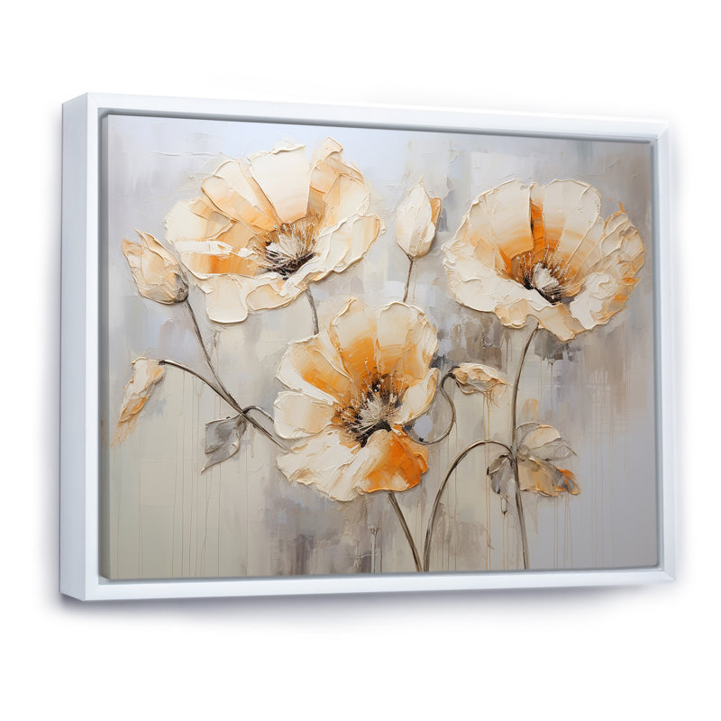 «Beige Poppy Meadow Melody VI» sur toile, Cadre flottant blanc, H 12 po x l 20 po