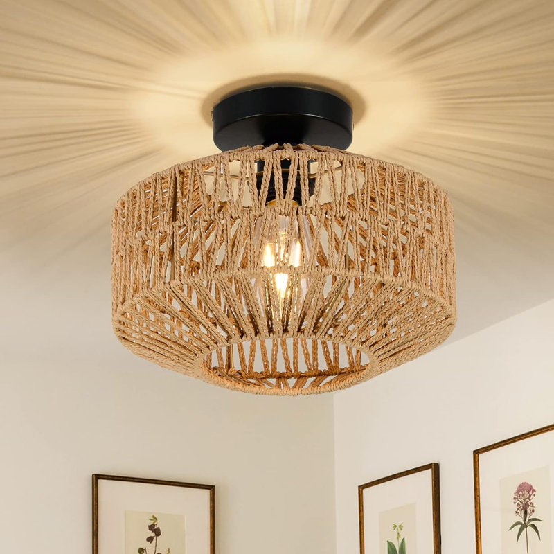 Boho Light Fixtures Ceiling Mount Mini Rattan Chandelier Light Fixture With Dimmable LED Bulb Hand Woven Ceiling Light Fixtures Flush Mount