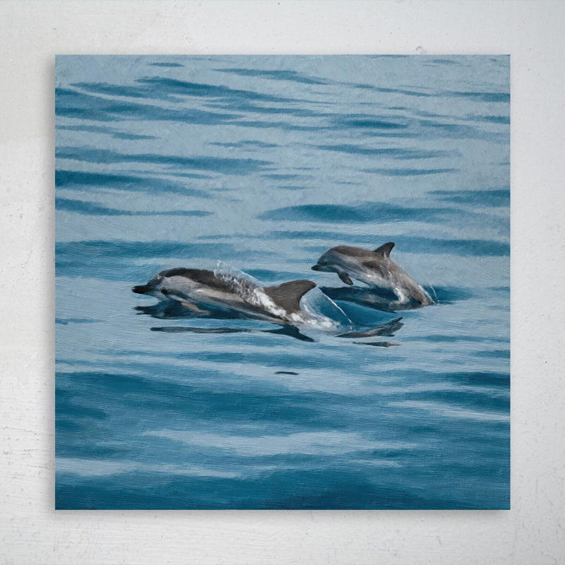 Deux dauphins dans l'eau - peinture sur toile tendue, L 32 po x H 32 po