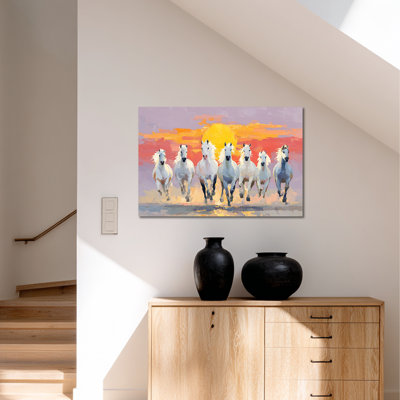 Horse Wall Art, 7 Horses Running Painting Vastu With Frame, 7 Running Horses Painting, Horses Pictures Wall Decor, Horse Canvas Wall Art Poster for Living Room Bedroom Office, Large Horse Art Canvas Framed Ready to Hang 12" × 16"