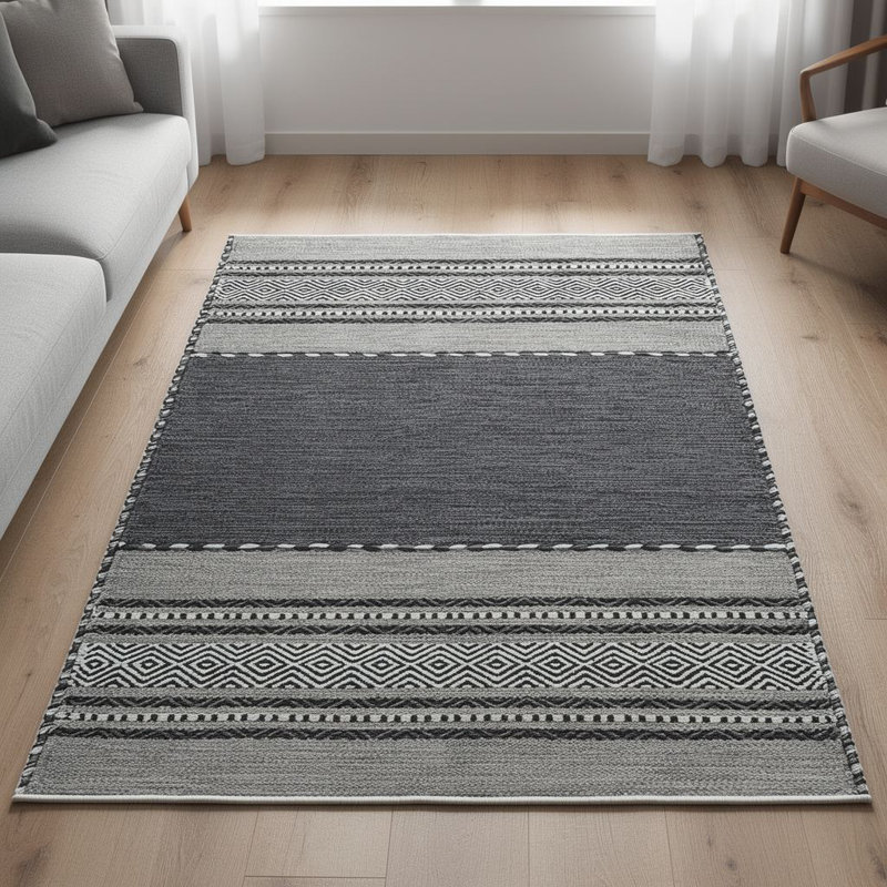 Tapis rayé gris en polyester tissé à la machine, Tapis de couloir 3 pi 3 po x 6 pi 7 po
