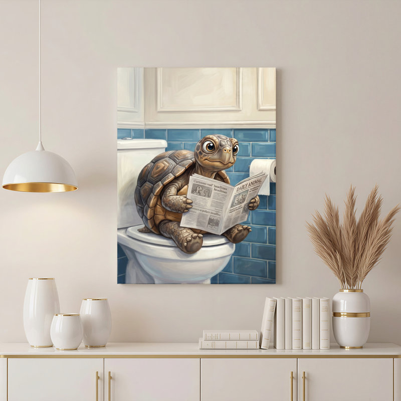 Ensemble de 1 tableau sur toile représentant une tortue lisant un journal sur les toilettes, H 18 po x l 12 po