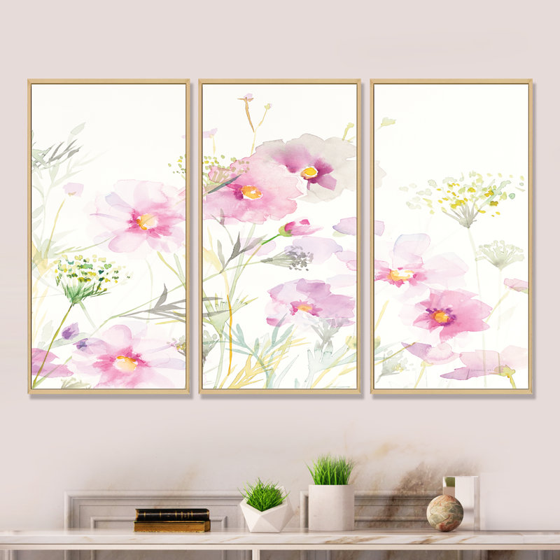 «Shabby Flower IV - Shabby Elegance», ensemble de 3 toiles d'art encadrées, L 48 po x H 32 po, Cadre brun